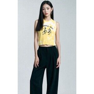 Grateful Dead Yellow Tie Dye Tank Top Size Large Stretchy Cropped Top Baby Tee
